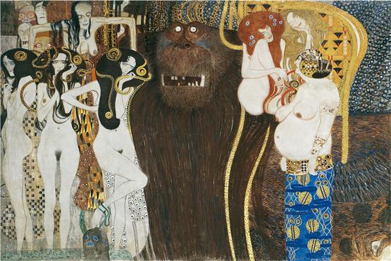 Gustav Klimt: „Beethovenfries“ (1901). Ausschnitt „Die feindlichen Gewalten“. Wandfläche des gesamten Bildzyklus: 34 x 2 Meter. Saal derWiener Secession. Bild: Wikipedia lizenzfrei
