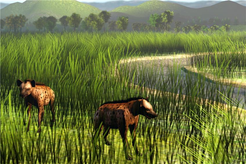 Heute ausgestorbene Art der Tüpfelhyänen auf der Malaiischen Halbinsel in einer Umwelt wie vor 100000 Jahren.Illustration: Kantapon Suraprasit