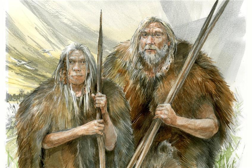 Homo heidelbergensis-Paar, das Felle von Höhlenbären zum Schutz vor Kälte trägt. Zeichnung (Ausschnitt): Benoît Clarys, Universität Tübingen