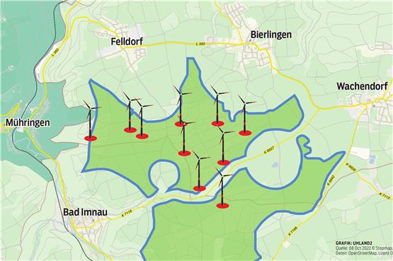 Im Westen der Gemeinde Starzach wollen die Stadtwerke Tübingen einen Windpark bauen. Die dunkleren grünen, blau umrahmten Flächen sind die so genannten Potenzialflächen, die von der Landesanstalt für Umwelt als geeignete Standorte für Windenergieanlagen eingeschätzt werden. Eingezeichnet sind die Standorte, die die Stadtwerke Tübingen ins Auge gefasst hat.