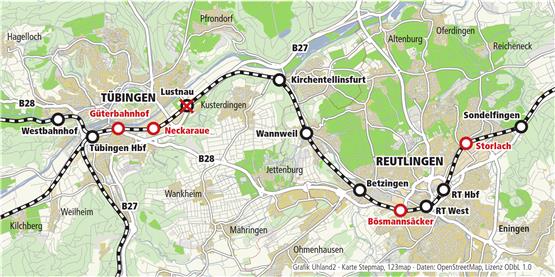 In Tübingen und Reutlingen sollen für die Regionalstadtbahn neue Haltepunkte (rot markiert) entstehen, dafür entfällt Lustnau als Bahnhof.
