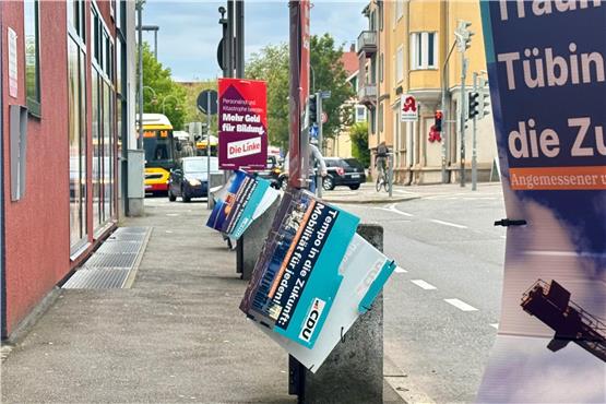 In der Tübinger Kelternstraße erwischte es Plakate der CDU: Unbekannte rissen sie von den Laternenpfählen. Bild: Jonas Bleeser