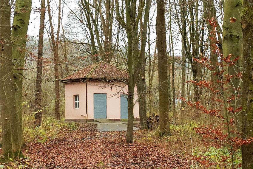 In diesem Häuschen im umzäunten Waldstück an der Eisenbahnstraße befindet sich die Trinkwasser-Pumpanlage. Archivbild: Metz