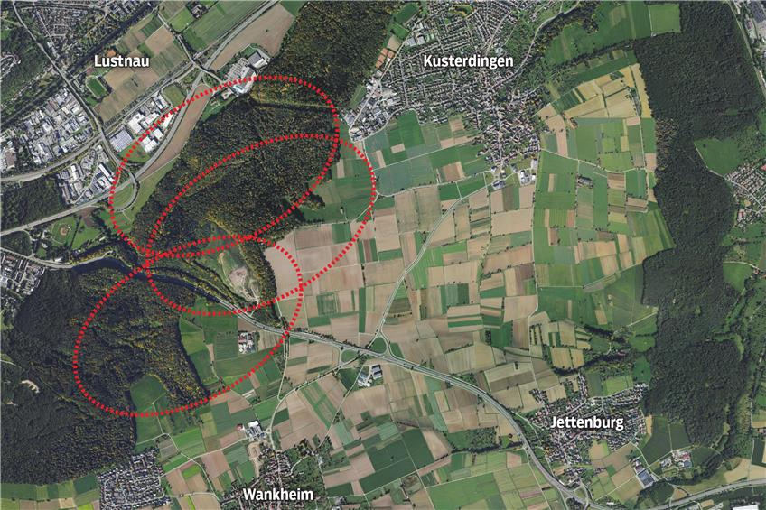 In diesen Ellipsen liegen die möglichen Standorte für drei Windräder – zwei bei Lustnau, der untere auf Wankheimer Gemarkung. Grafik: SWT/Uhland 2