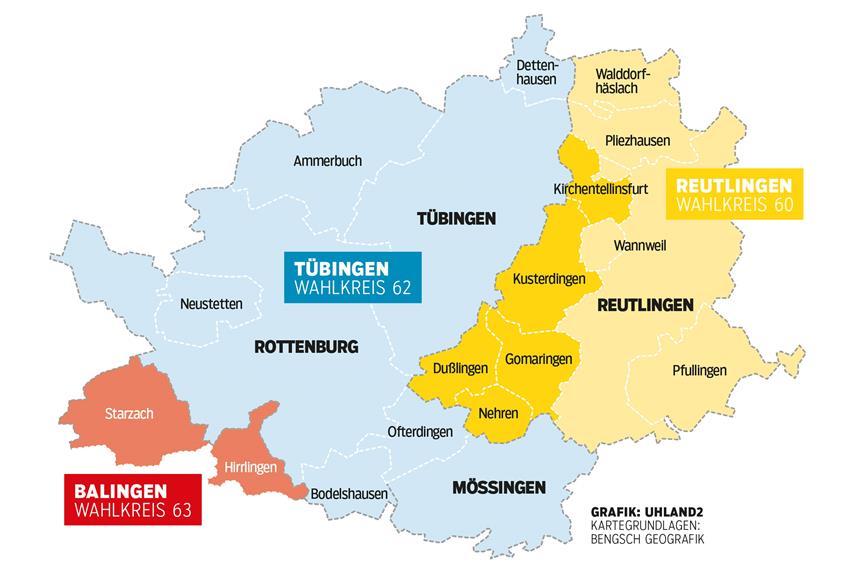 Karte zur Wahlkreisreform 2021. Grafik: Uhland2 / Kartengrundlage: Bengsch GeoGrafik