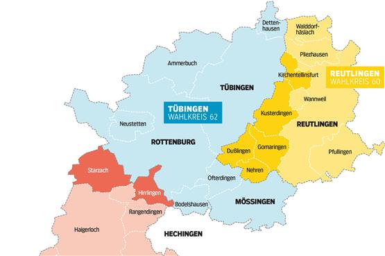 Landkreiskarte Wahlkreisreform 2019, Wahlkreise Tübingen (62), Reutlingen (60) und Balingen (63). Grafik: Uhland2, Kartegrundlagen: Bengsch GeoGrafik