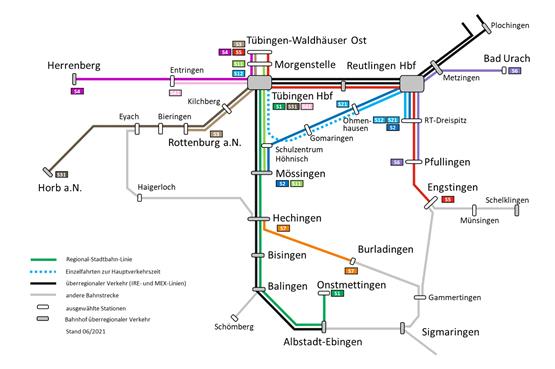 Liniennetzplan Stand 2021. Bild: Zweckverband Regionalstadtbahn Neckar-Alb