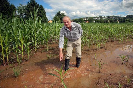 Maispflanzen mögen zwar viel Wasser, aber allzu viel ist dann doch ungesund. Landwirt Christian Reutter zeigt dies an einem Maisfeld zwischen Tübingen und Unterjesingen. Bild: Erich Sommer