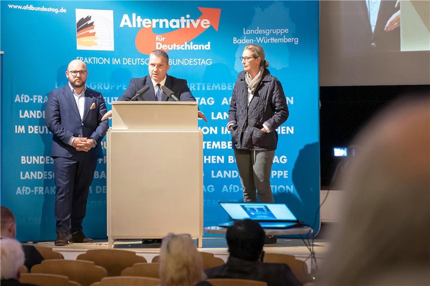 Markus Frohnmaier, Martin Hess und Alice Weidel (von links) wollten am Samstag nach Reutlingen kommen. Archivbild: Benjamin Breitmaier