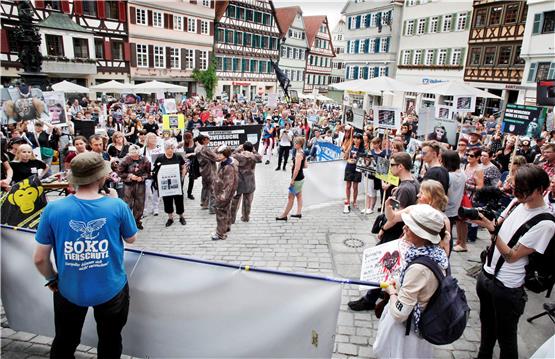 Mehrere hundert Aktivisten demonstrierten am Samstag in der Tübinger Altstadt lautstark gegen Tierversuche am Max-Planck-Institut für biologische Kybernetik. Bild: Faden