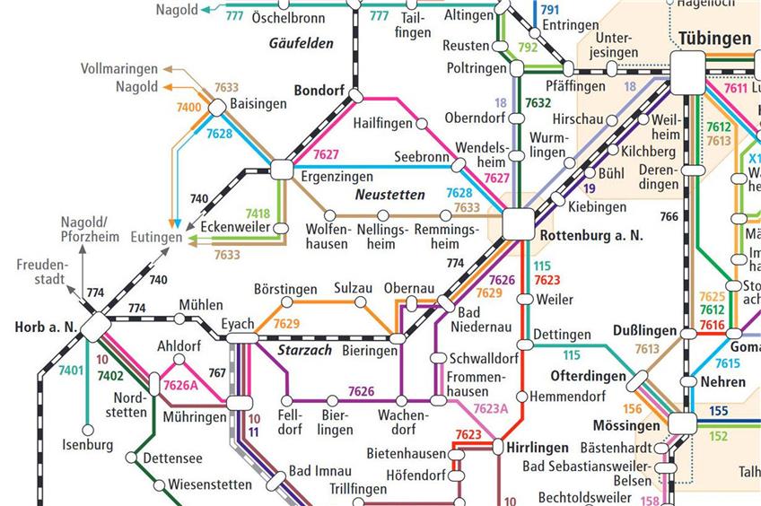 Mit Bus und Bahn: Von Rottenburg aus erschließt die Bahn in Richtung Horb den westlichen Landkreis. Darüber hinaus gibt es aber noch die Buslinien 7629 (im Neckartal von Eyach bis Rottenburg) und die Höhenlinie 7626 (von Eyach über Wachendorf und wieder zurück ins Neckartal nach Rottenburg. Der Bahnhof Eyach liegt direkt auf der Naldo-Wabengrenze. Deshalb steuern auch viele Horber Pendler den Eyacher Bahnhof mit dem Auto als Park&Ride-Platz an. Grafik: Naldo