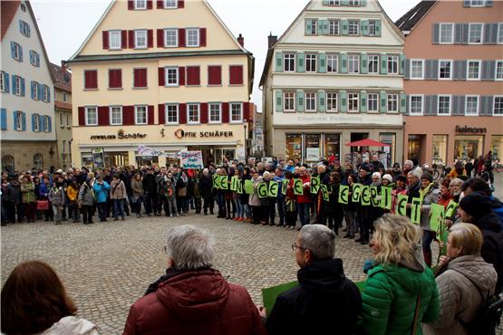 Nach der Kundgebung auf dem Metzelplatz zogen die Demonstranten auf den Marktplatz vors Rathaus. Bild: Zimmermann