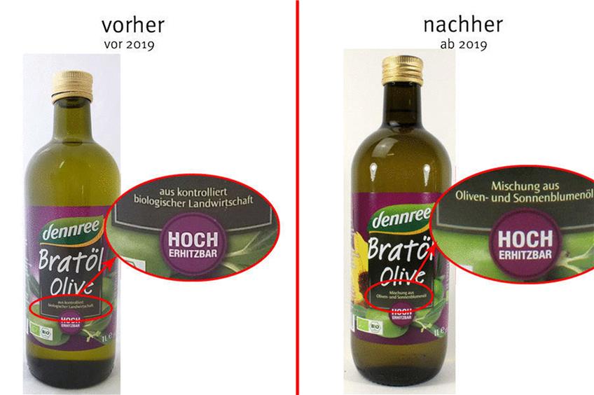 Nach einer Verbraucherbeschwerde deutlicher zu erkennen: Es steckt kein reines Olivenöl, sondern eine Ölmischung aus Oliven- und Sonnenblumenöl in der Flasche. Foto: Lebensmittelklarheit.de