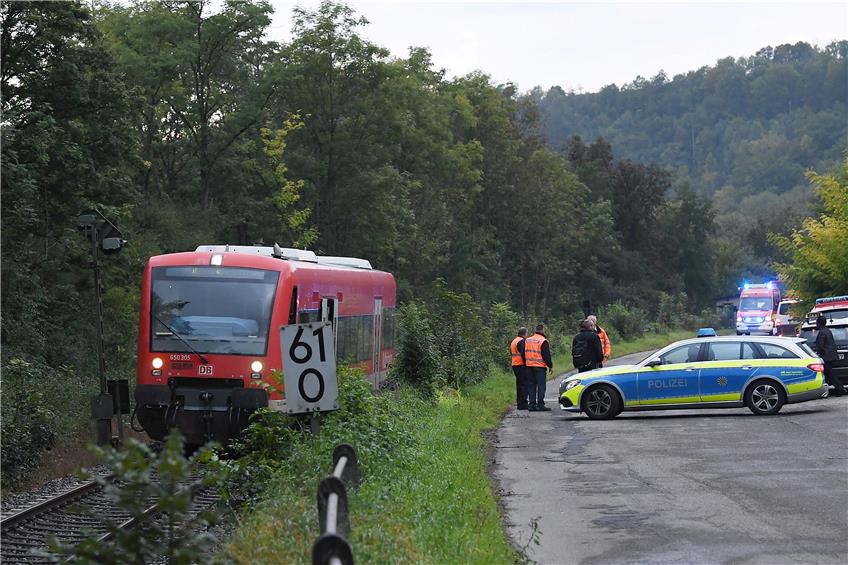 Nachdem er zwei Menschen auf den Gleisen erfasst und getötet hatte, blockierte der Regionalbahnzug von Horb nach Tübingen zweieinhalb Stunden lang die Strecke im Neckartal kurz vor Rottenburg. Bild: Ulmer