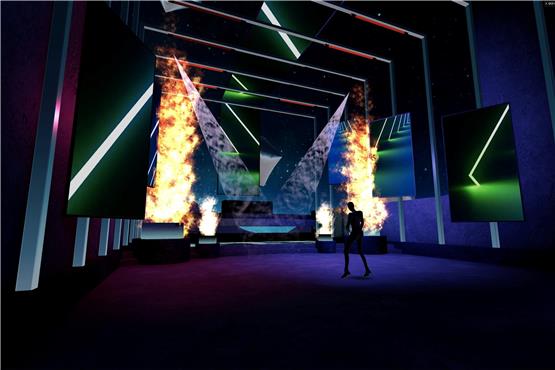 Neue Musikwelt: Das computergenerierte Bild zeigt einen Avatar tanzend vor einer virtuellen Bühne im Metaverse.  Foto: Twelve x Twelve/dpa