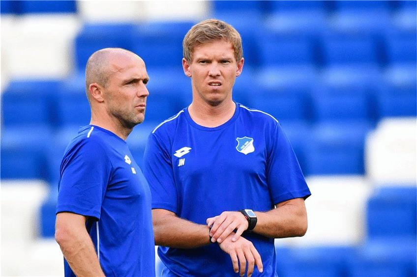 Neuer und Noch-Trainer in Hoffenheim: Alfred Schreuder (links) und Julian Nagelsmann. Foto: Uwe Anspach/dpa