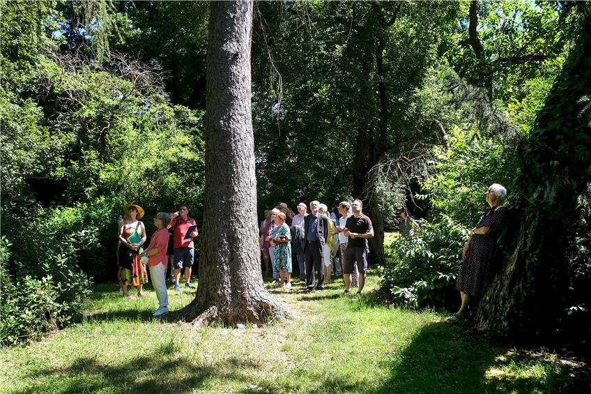 Rainer Boeß (im rotem T-Shirt) weiß Einiges über den alten botanischen Garten. Bei seiner Führung erzählte er vom Park. Bild: Uli Rippmann