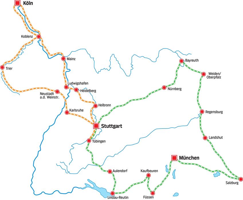 Route 1 führt in den Westen, Route 2 in Richtung Österreich. Grafik: Uhland2