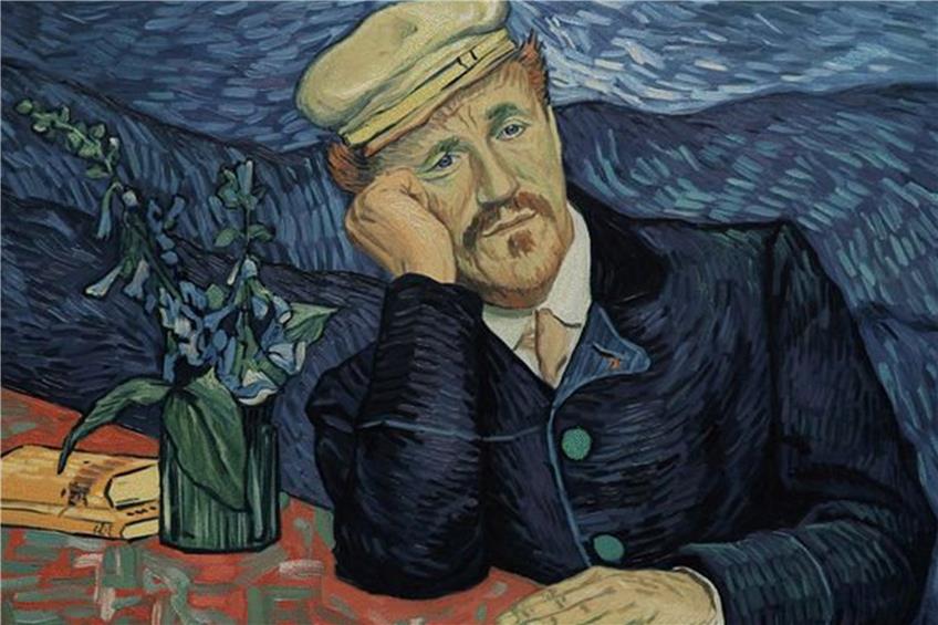 Schauspieler Jerome Flynn stellt für „Loving Vincent“ van Goghs Gemälde „Porträt des Dr. Gachet“ nach. Das Bild unten zeigt, wie Animationskünstler daraus die Film-Figur malten. ?Fotos: Weltkino