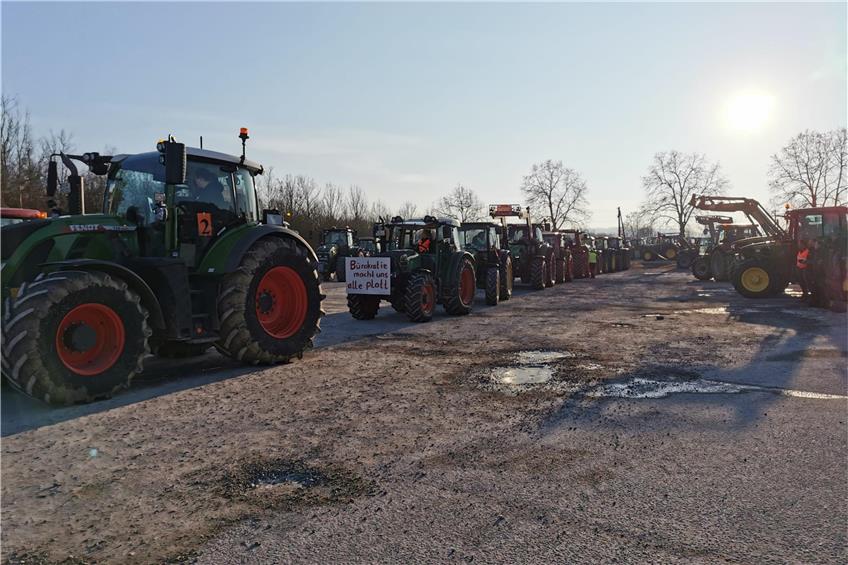 Schnurgerade in einer Reihe machten sich die Landwirte am Mittwochmittag mit ihren Traktoren vom Tübinger Festplatz aus auf den Weg über Rottenburg nach Bodelshausen. Bild: Gernot Stegert
