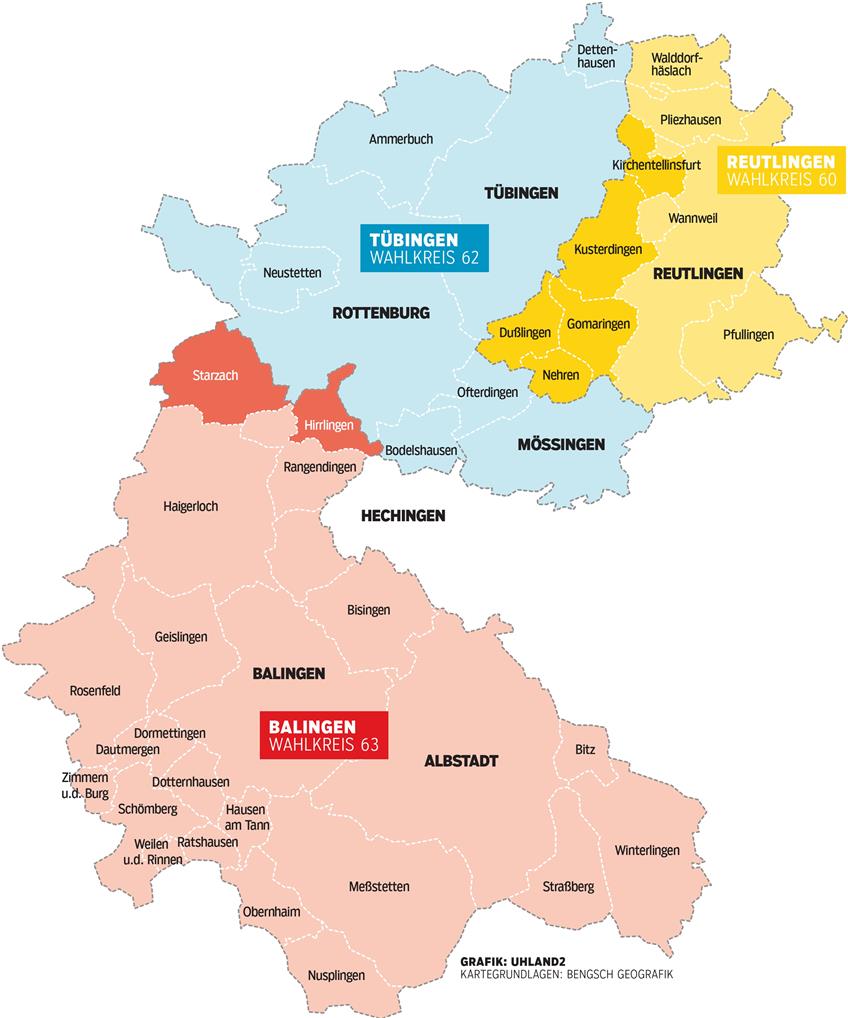 Seit der Wahlkreisreform 2019 gehören nur noch acht Kreisgemeinden zum Wahlkreis 62 Tübingen. 2016 kamen die Grünen mit Daniel Lede Abal auf 37,7 Prozent der Stimmen, die CDU mit Klaus Tappeser auf 23,8 Prozent, die SPD mit Dorothea Kliche-Behnke auf 12,6 Prozent, die FDP mit Dietmar Schöning auf 6,5 Prozent, die AfD mit Markus Rölle auf 10,3 Prozent und die Linke mit Bernhard Strasdeit auf 5,6 Prozent.