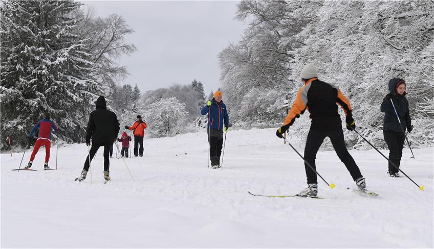 Skilangläufer heute auf der Raichberg-Loipe-Nord bei Albstadt-Onstmettingen (Zollernalbkreis). Bild: Ulmer