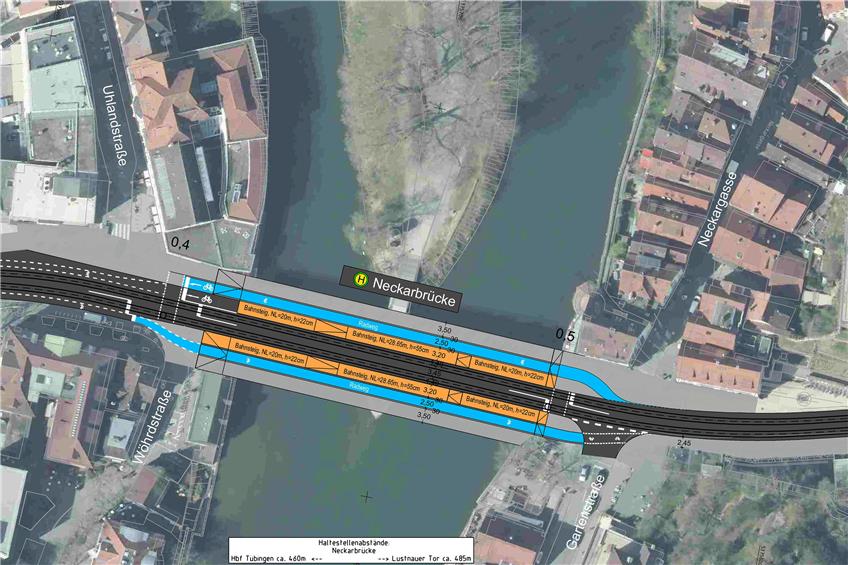 So hätten sie aussehen sollen: die Haltestellenabstände auf der Tübinger Neckarbrücke. Grafik: Mailänder Consult