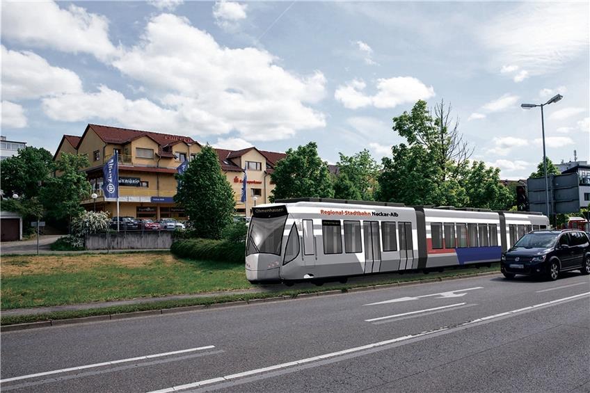 So könnte die Regionalstadtbahntrasse beim Gomaringer ZOB einmal aussehen. Montage: Jessica Scheffner, Gomaringer Verlag