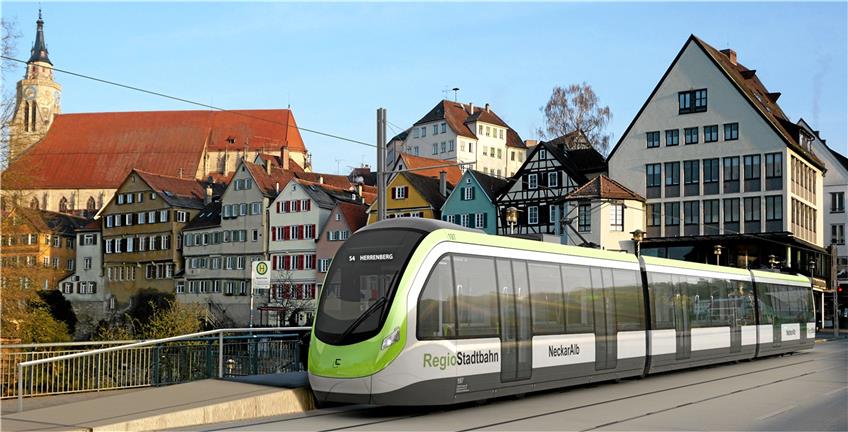 So könnte eine Stadtbahn in Tübingen aussehen.  Bildmontage: Tricon / Pro Region Stadtbahn