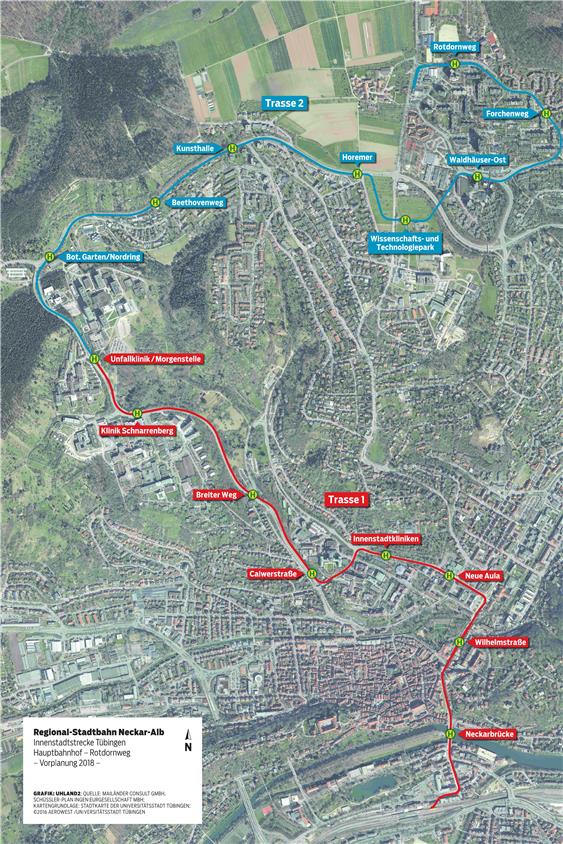So sehen die Pläne für die Innenstadtstrecke in Tübingen bisher aus – in zwei Bau-Abschnitten (rot und blau).