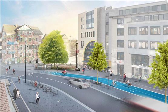So soll der Europaplatz Ost einmal aussehen. Das blaue Radwegband löst sich vor der Ampel am Epplehaus auf. Grafik: Stadtverwaltung Tübingen