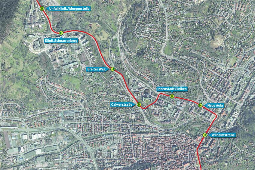 So stellen sich die Planer den Verlauf der Innenstadtstrecke durch Tübingen vor. Ob es so auch kommt, das entscheiden die Tübingerinnen und Tübinger am kommenden Sonntag.