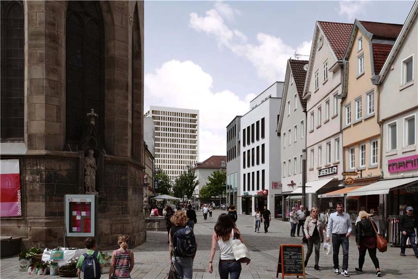 So würde das beim Hauptbahnhof geplante Hochhaus „Stuttgarter Tor“ von der unteren Wilhelmstraße aus wirken.Visualisierung: Stadt