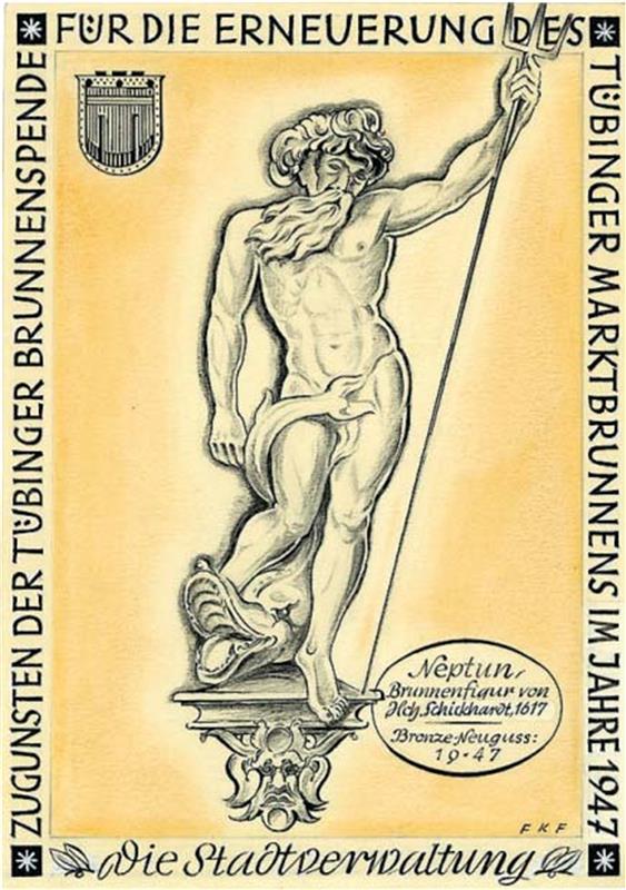 Spenderkarte zugunsten des Neptunbrunnens, gezeichnet von einem Tübinger Künstler, gestiftet vom SCHWÄBISCHEN TAGBLATT, gedruckt von der „Tübinger Chronik“. Bild: Stadtarchiv