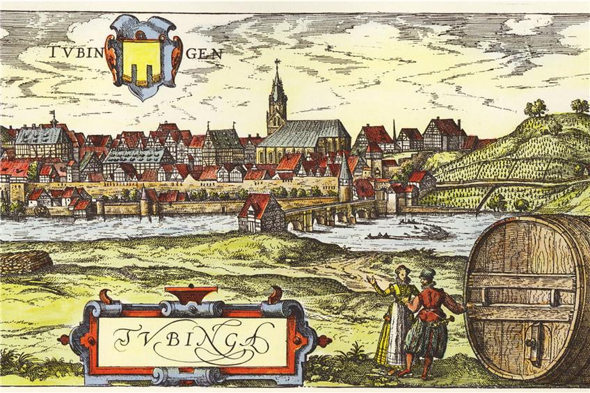 Stadtansichten Tübingens (wie diese von Braun/Hogenberg aus dem Jahr 1588) rücken häufig das große Fass in den Vordergrund. Bild: MUT