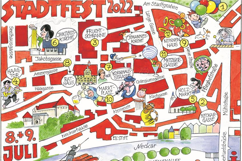 Stadtfest in Tübingen: Die Programmpunkte zur Karte gibt es hier als pdf. Zeichnung: Sepp Buchegger