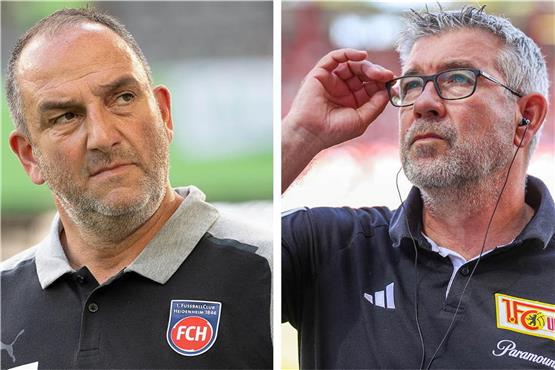 Starke Trainer-Persönlichkeiten: Frank Schmidt (links, 1. FC Heidenheim) und Urs Fischer (Union Berlin). Bilder: Andreas Gora/Swen Pförter/dpa Bildfunk