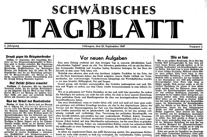 Titelseite der ersten Ausgabe des Schwäbischen Tagblatts vom 21. September 1945 (PDF-Download). Bild: Tagblatt-Archiv