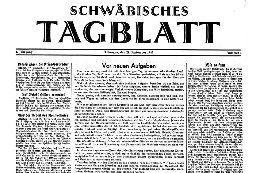 Titelseite der ersten Ausgabe des Schwäbischen Tagblatts vom 21. September 1945. Bild: Tagblatt-Archiv
