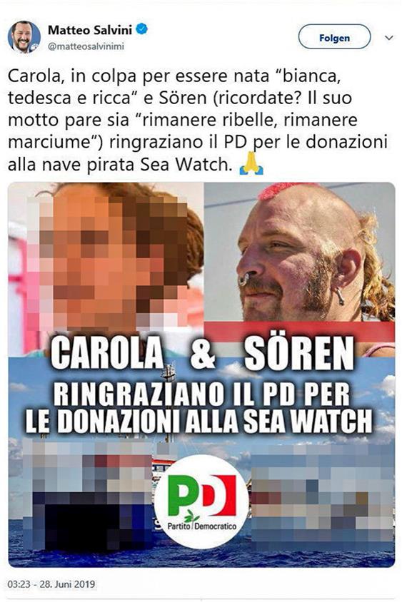 Tweet von Italiens Innenminister Matteo Salvini. Oben rechts Sören Moje. Screenshot: twitter.com / Friedhold Ulonska