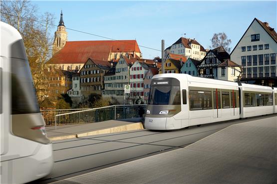 Über die Tübinger Stadtbahnstrecke ist noch nicht entschieden, doch hat der Gemeinderat nun der Beschaffung der Tram Trains für die Regionalstadtbahn Neckar-Alb zugestimmt. Fotomontage: Zweckverband Regionalstadtbahn
