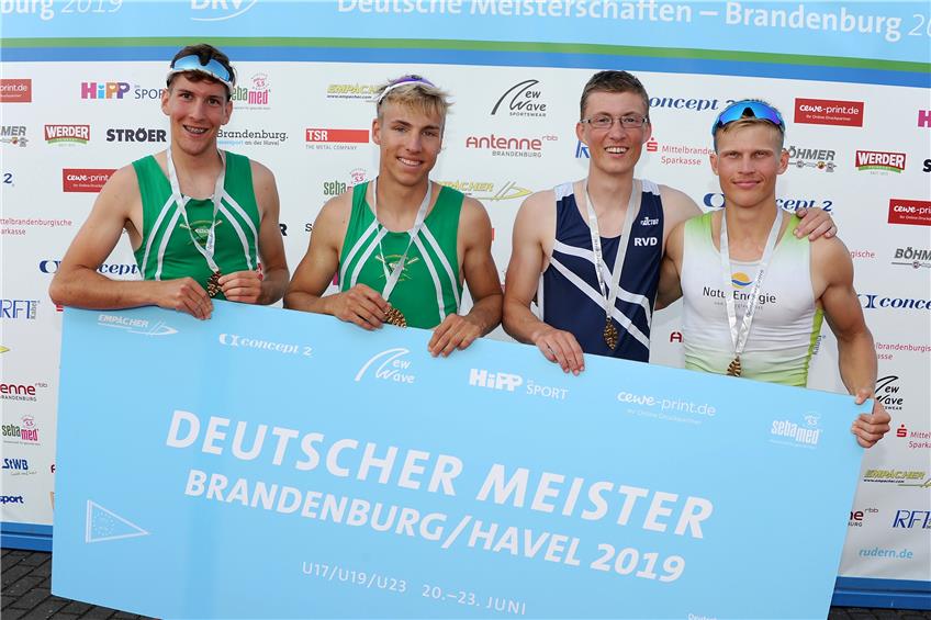 Vier gewinnt: der U23-Leichtgewicht-Doppelvierer mit Patrick Hofmockel, Fabio Kress, Joscha Holl, Hendrik Winkel (von links). Bild: Detlev Seyb
