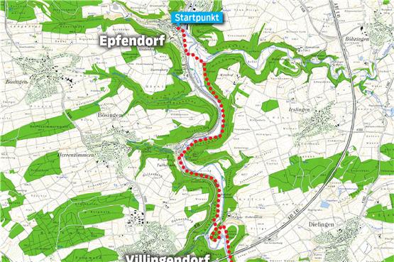 Von Epfendorf bis Rotweil kurvt die Strecke am Neckar entlang. Grafik: Uhland 2