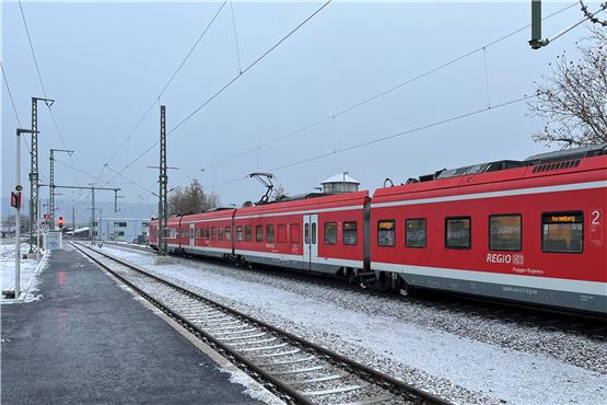 Züge des bayrischen „Fugger-Express“ verkehren derzeit – wie hier am Mittwochmorgen in Entringen – auf der Trasse durch das Ammertal. Bild: Moritz Hagemann