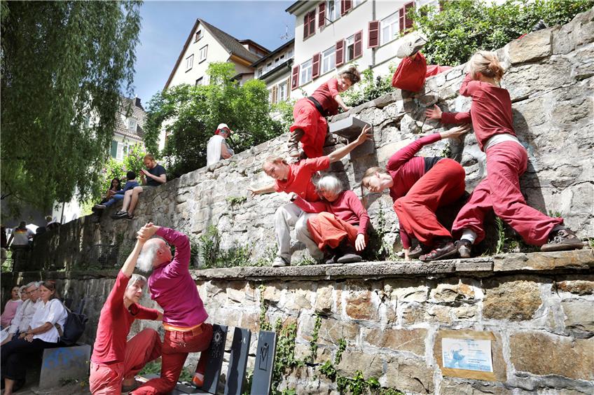 Zum Welttanztag am Sonntag enterte kurz nach 13Uhr eine rotgewandete Tänzertruppe die geschwungene Treppe hinab zum Zwingel. Bild: Faden