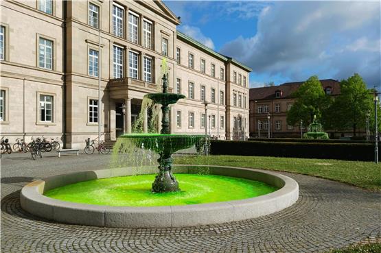 Zum wiederholten Mal ist der Brunnen vor der Neuen Aula grün gefärbt worden. Bild: Moritz Siebert