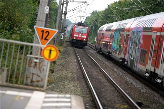 Zwei Regionalzüge der Deutschen Bahn (DB) begegnen sich vor einem Bahnhof. Foto: Jonas Walzberg/dpa