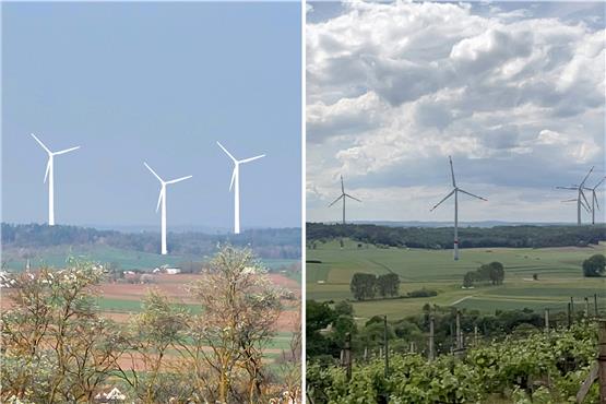 Zwei Visualisierungen des im Norden von Rottenburg geplanten Windparks: Links eine Fotomontage mit Blick vom Wurmlinger Kapellenberg von Erich Biesinger und rechts eine Software-Visualisierung vom Wendelsheimer Pfaffenberg aus vom Forum Energiedialog.